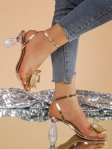 French Silver Color High Heel Summer Shoes for Women, Fairy Style Bow Tie Strap, Transparent Open Toe Wine Glass Heel Sandals