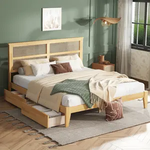 Boho Bed Frame King with Rattan Headboard, Rattan Bed Frame & King Beds Frames with Wood Legs, Solid Wood Beds Frames with Storage Underneath,Easy Assembly (White Oak, Kings)