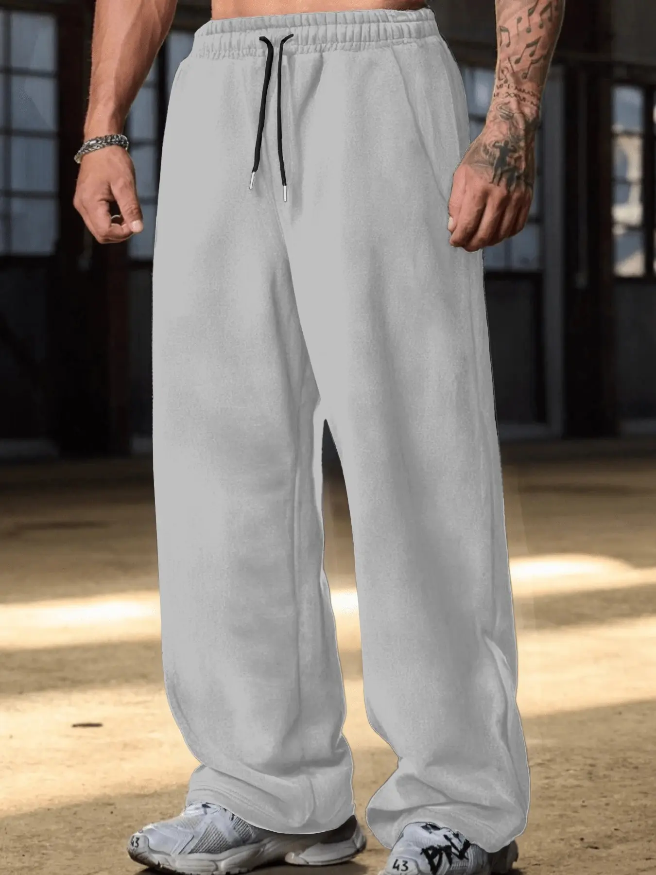 Oversized Men's Streetwear Sweatpants Loose Fit Straight Leg Solid Black Trousers Comfortable Breathable Stretch Elastic Waist Drawstring Pants for Urban Style & Lounge Wear