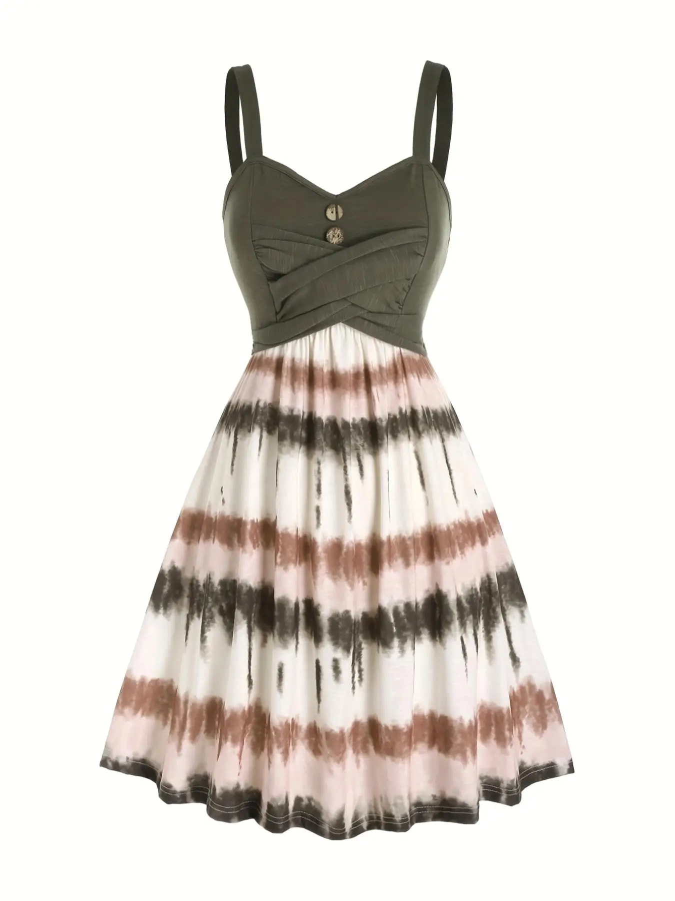 Women's Patchwork & Tie Dye Print Button Front Wrap A Line Dress, Casual Sleeveless Backless Short Dress for Summer, Ladies Clothes for Beach Holiday