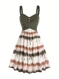 women's patchwork & tie dye print button front wrap strap  a line dress, casual sleeveless backless short dress for summer, ladies clothes for beach holiday vacation, womenswear,  dresses for women