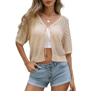 Womens Crochet Cardigan Summer Tie Front Shrugs Sweaters Short Sleeve Knit Cropped Cardigans Tops