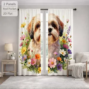 2Pcs Cute Animal Dog Floral Print Sun Blocking Curtains Digital Printed Rod Pocket, Window Treatment For Bedroom Office Kitchen Living Room Study Home Decor
