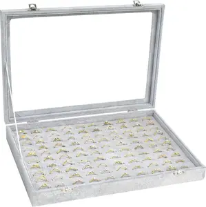 Ring Display Case Organizer Box with Transparent Lid, 100 Slot Ring Organizer Holder Showcase for Store Display Jewelry Show Home (Grey) Bivisen