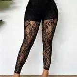 Women's Lace Sexy Mesh Floral Leggings Long Pants, Hollow-Out Transparent Sheer Slim-Fit Party Wear with Bold Design