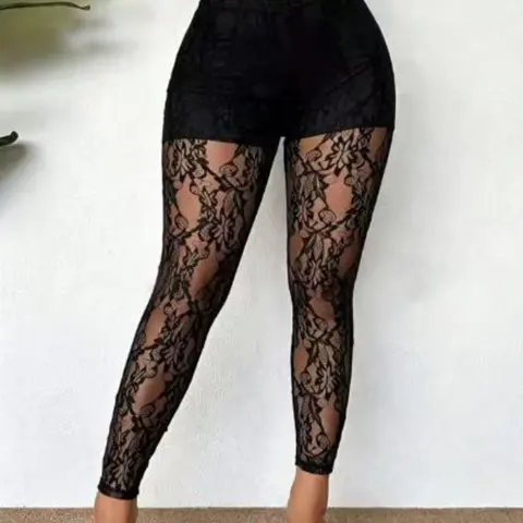 Women's Lace Sexy Mesh Floral Leggings Long Pants, Hollow-Out Transparent Sheer Slim-Fit Party Wear with Bold Design