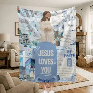 Jesus Loves You Christian Blanket for Women Men, Soft Blue Flannel Fleece Throw Blanket with Bible Verse Scripture, Inspirational Religious Gifts for Girls Kids, Cozy Faith Bedding, 50"x60" Couch Sofa Wrap