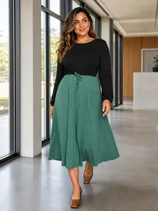 Plus Size Colorblock Dress, Chic Elegant Long Sleeve Midi Casual Wear Dress, Belted Design, Basic, Comfortable and Breathable, Perfect for All Seasons