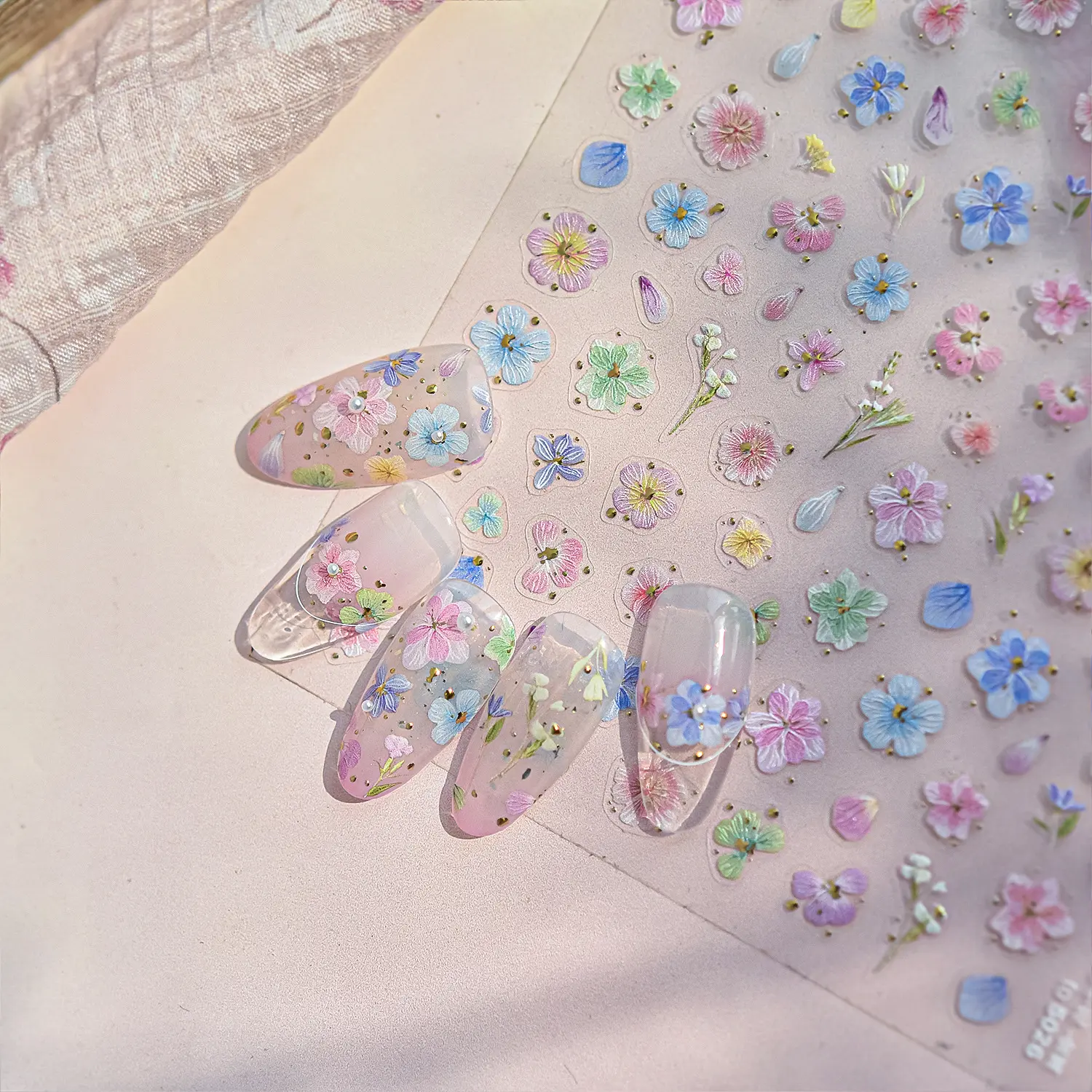 Pastel 5D Flower Sakura Floral Nail Art Stickers Gold Accents Spring Garden Wildflower Nails