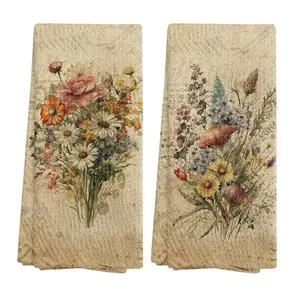 Vintage Floral Kitchen Household Towel Set, 2-Piece Retro Decorative Towels, Bouquet Decoration, Wildflower Drying Cloth Hand Towel, 40x60 Cm
