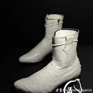 White Oval-Toe Boots – Cloned Ostrich Leather with Side Zipper & Leather Sole | Perfect for Skinny Jeans