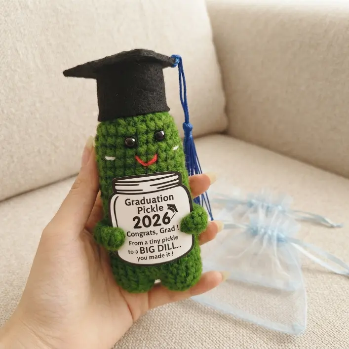 Emotional Support Pickle Handmade Crochet Plush, Cute Knitted Pickle Doll, Funny Novelty Gift, Soft Huggable Desktop Decor Collectible