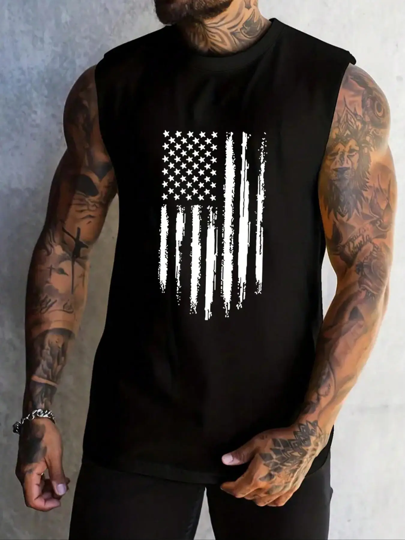 Men's Regular Fit Striped & American Flag Print Tank Top, Casual Sleeveless Round Neck Top for Summer, Men's Clothes for Daily Wear