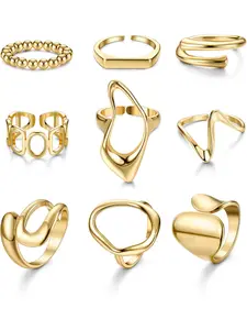 9-Piece Gold Rings for Women, Chunky Rings, 18K Gold Plated Ring Set, Statement Thumb Ring, Curved Thick Open Ring Set for Women, Adjustable, Geometric Design Ring