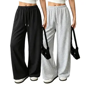 Women's 2-Pack Viral Wide Leg Sweatpants - Baggy, Cozy Streetwear Joggers with Soft Loose Fit, Drawstring, Adjustable Waist, Light Breathable Fabric for OOTD Casual Everyday Wear (Black, Gray) Essential Womenswear Bottoms