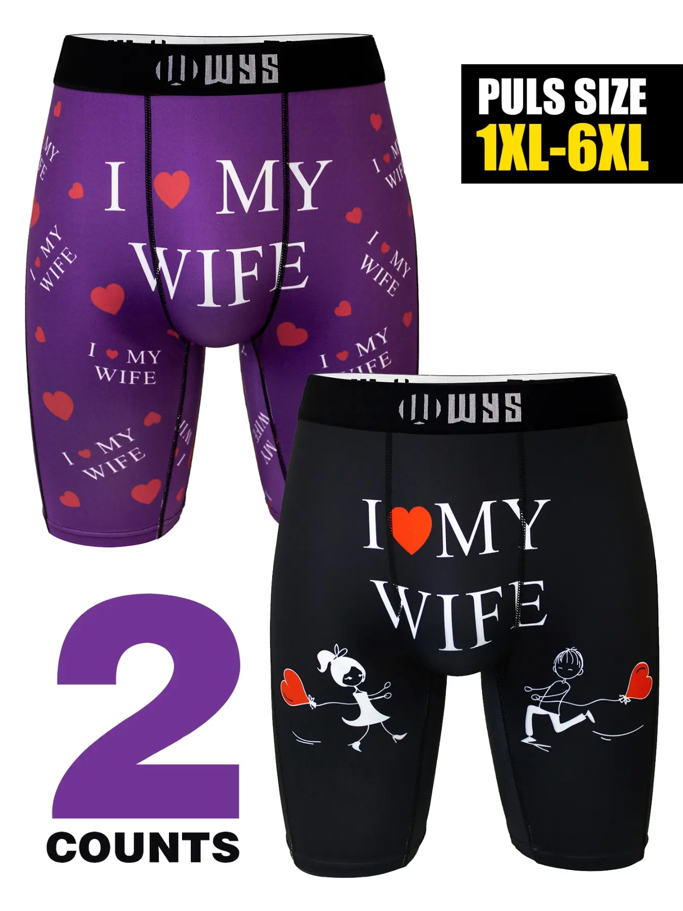 Men's Plus Size Long Stretch Briefs 1xl-6xl, Breathable Sports Underwear, Moisture-Wicking, Quick-Dry, Elastic Waist, Casual Boyshorts, Heart Print Boxershorts