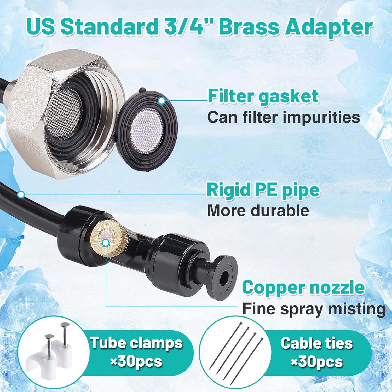 98FT Misting Cooling System with 30 Brass Mist Nozzles +a Brass Connector(3/4'')  for Patio Patio Waterpark Garden Trampoline Greenhouse