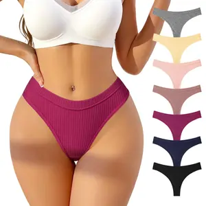 HOTCOM 7-Pack Women's Breathable Cotton Thongs - Fashion Ribbed Seamless Low Rise Underwear, Soft Skinny Fit Everyday Panties, Cute Mixed Color Womenswear