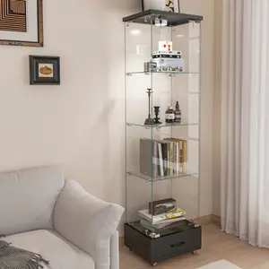 Modern Glass Display Cabinet with Drawer , Quick-assembly Antique Cabinet with LED lights, Tempered Glass Bookshelf,  1-Door Storage Case with 4 Shelves  for Living Room and Bedroom, black