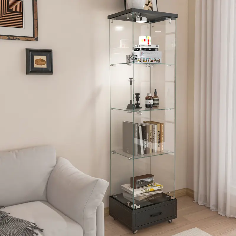 Modern Glass Display Cabinet with Drawer , Quick-assembly Antique Cabinet with LED lights, Tempered Glass Bookshelf,  1-Door Storage Case with 4 Shelves  for Living Room and Bedroom, black