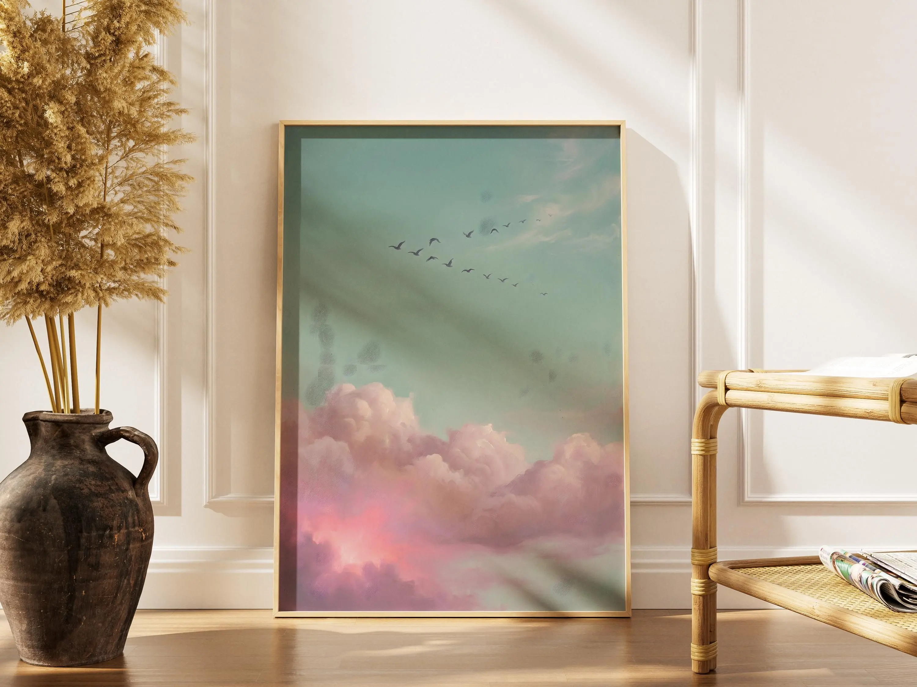 [SALE UP TO 40%] [Unframed] Pink Clouds Wall Art, Romantic Tonalist Skyscape Oil Painting Print, Migrating Birds Silhouette, Bedroom Dreamy Decor