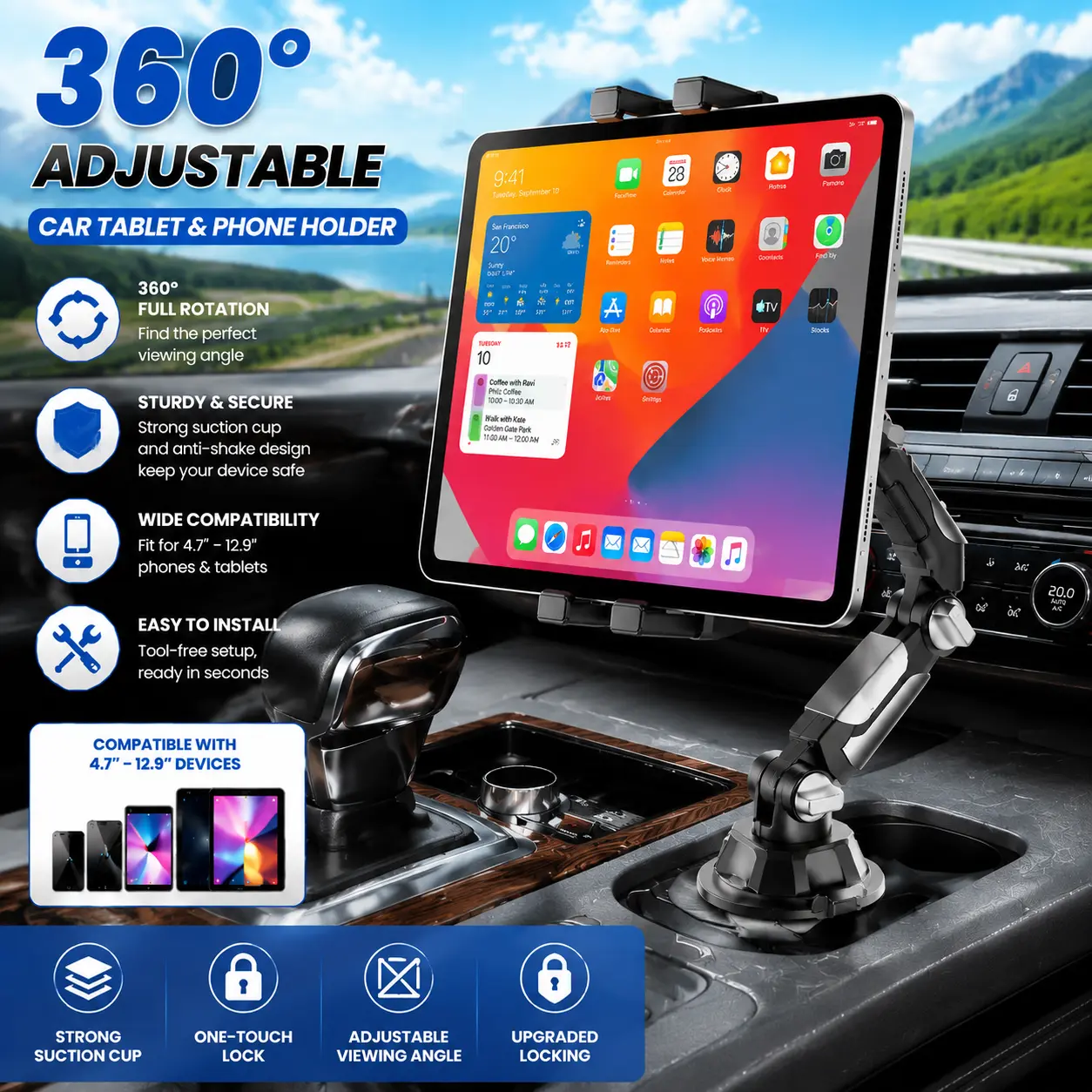 Heavy-duty car tablet mount with 360° adjustable mechanical arm, suitable for iPad and smartphones, universal cup holder car mount, fits 4.7-13 inch devices, stable and non-slip design, perfect for iPad, tablets, and smartphones