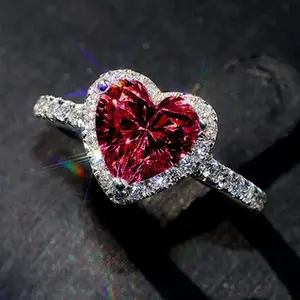 Charming heart shaped women's ring, studded with red Cubic Zirconia stone, gift for Valentine's Day, engagement party, wedding anniversary, jewelry