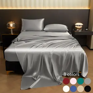 Solid Color Silky Satin Bedding Set, 1 Set Including 1 Count Fitted Sheet & 1 Count Flat Sheet & 2 Counts Pillowcase, Satin Bed Sheets, Soft Comfortable Bedding Set for Bedroom, Dormitory, Hotel, Breathable Sheets