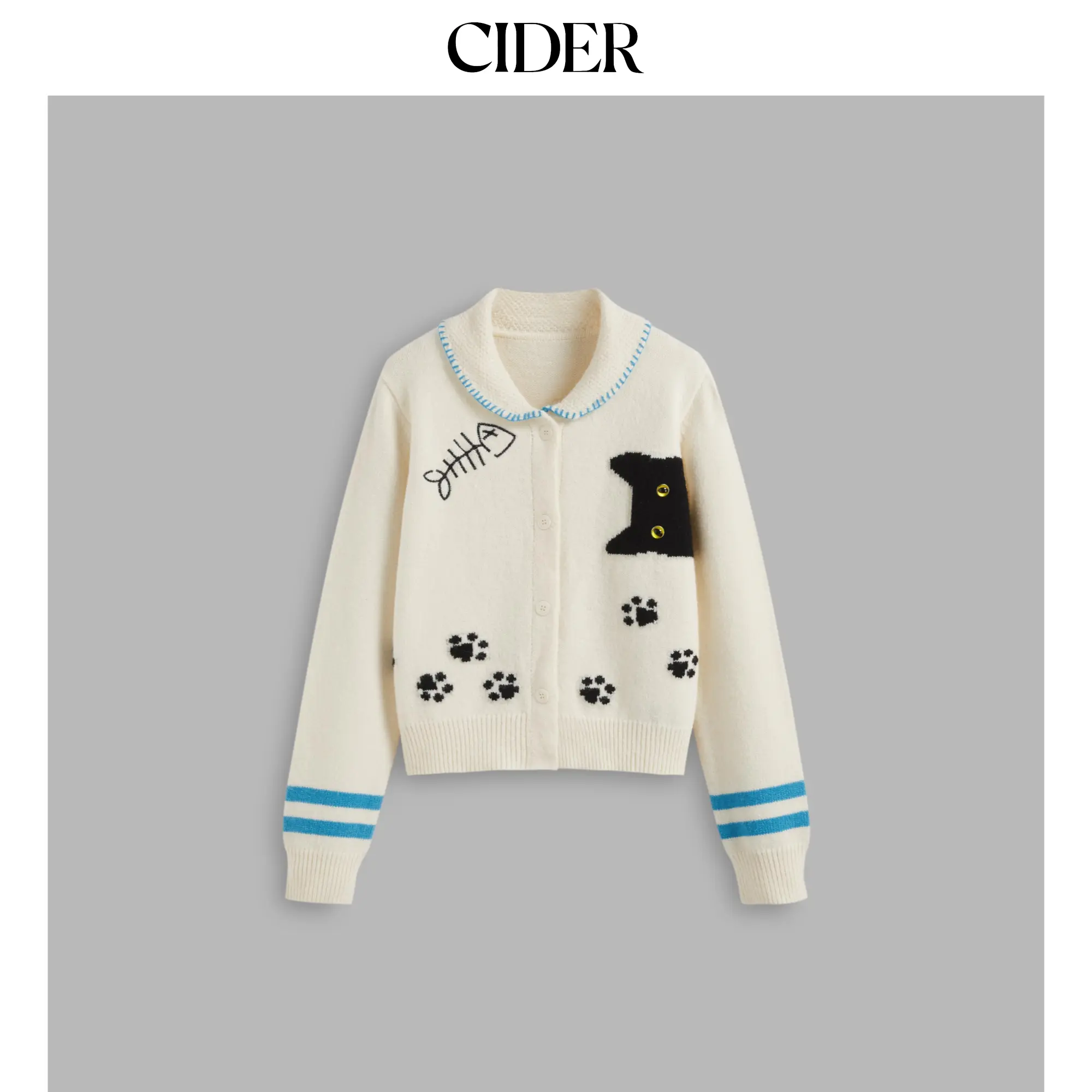 Cider [2 colors, size 2-26] Knit Collar Cat Button Cardigan