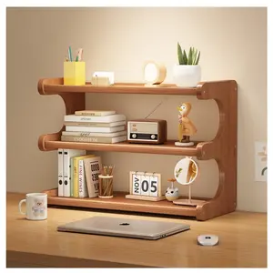 3 Tier Bookshelf for Desktop E-shaped Design Storage Rack Easy Assembly Medium Density Fiberboard Bamboo 19.6x7.6x13.8 inches