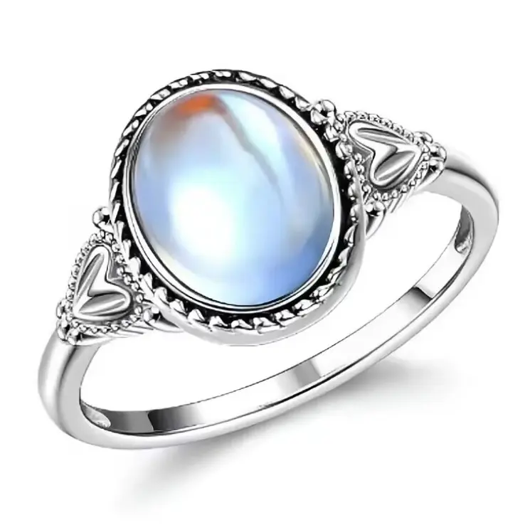 Vintage Oval Moonstone Ring, Silver Tone Rainbow Flash Cabochon Gemstone Ring with Heart Detail, Boho Antique Style Statement Finger Jewelry, Ideal Gift for Women Girls