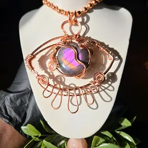 Evil Eye Amulet Tailsman Pink Labradorite Necklace Copper Wire Wrapped Jewelry Handcrafted Design Purple Stone