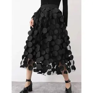 Plus Size Polka Dot Appliques Fit and Flare Skirt, Fashion High Waist Long Skirt for Vacation Holiday Party, Women's Bottoms for All Seasons