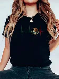 100% Cotton Tshirts Mexico Heartbeat EKG Pulse Mexican Pride Emblem Mexico Flag T-Shirt Casual Print Short Sleeve White T Shirt Graphic Tees Women Tops