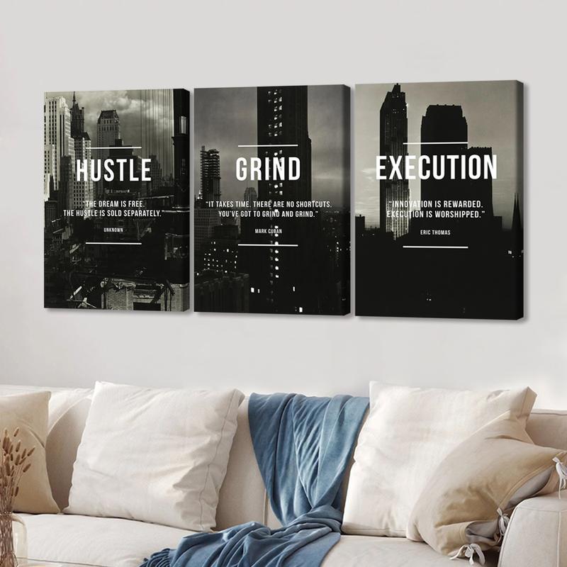 3Pcs Wooden Framed Canvas Painting, Black And White Cityscape With Motivational Quotes, Exquisite Poster, Home Decoration, Pattern Wall Art Decor, For Living Room, Bedroom, Office, Restaurant, Bar Wall Decor, Odorless, Painting, Print Artwork.