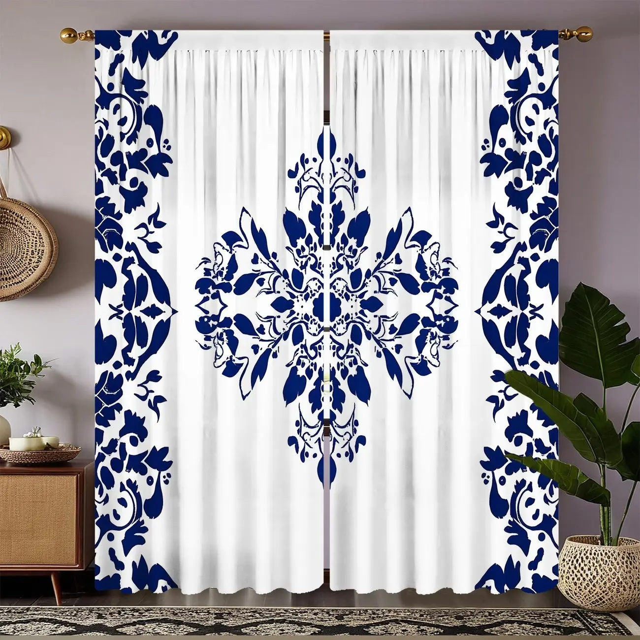 2pcs Blue & Damask Curtains with Rod Pocket, Vintage Pattern Drapes for Living Room and Dining Room, Perfect for Traditional Home Decor, Window Curtain