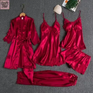 5pc silk robe sleep suit womens lace satin pajamas gown set V-neck Cami nighties wear pijama home nightwear spring nightdress
