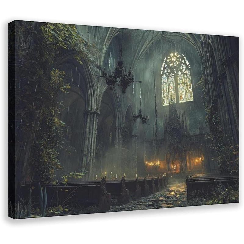 Abandoned Gothic Cathedral Wall Art – Dark Haunted Church Print – Black And White Vintage Horror Decor Canvas Wall Art Print Poster For Home School Office Decor