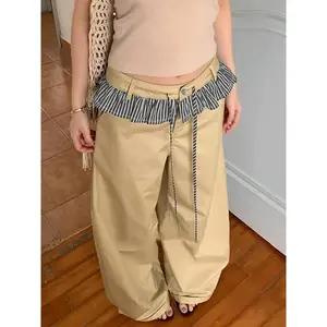 Women’s street-style striped ruffle patchwork colorblock pants; loose-fit straight-leg casual Korean/Japanese wide-leg jeans; loose jeans trousers