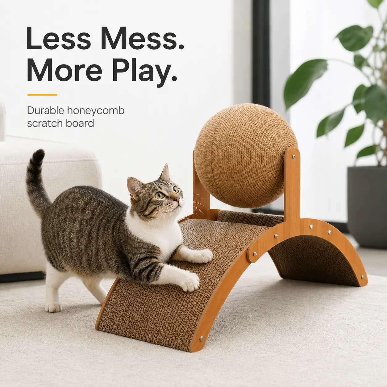 Cat Scratcher with Spinning Ball, Interactive Cat Toy, Corrugated Cardboard Scratcher, Natural Jute Rope Ball, Indoor Kitty Toy, Cat Scratch Board, Cat Activity Center, Pet Supplies, Cat Entertainment Toy, Reduce Boredom, Furniture Protection