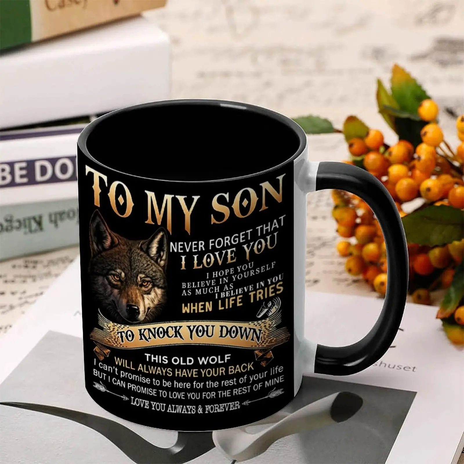to My Son Wolf Design Ceramic Coffee Mug - 11oz Gift for- Sentimental Keepsake Cup with Wolf & Cub Symbol, Ideal Birthday or Christmas Gift,Graduation Gift, Birthday Present, Father's Day, Christmas Gift for Son, Meaningful Keepsake.