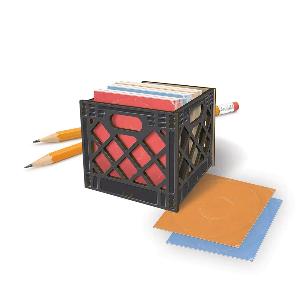 FOR THE RECORD Mini Milk Crate Desk Caddy with Vinyl-Inspired Note Cards - Gift for Music Lovers