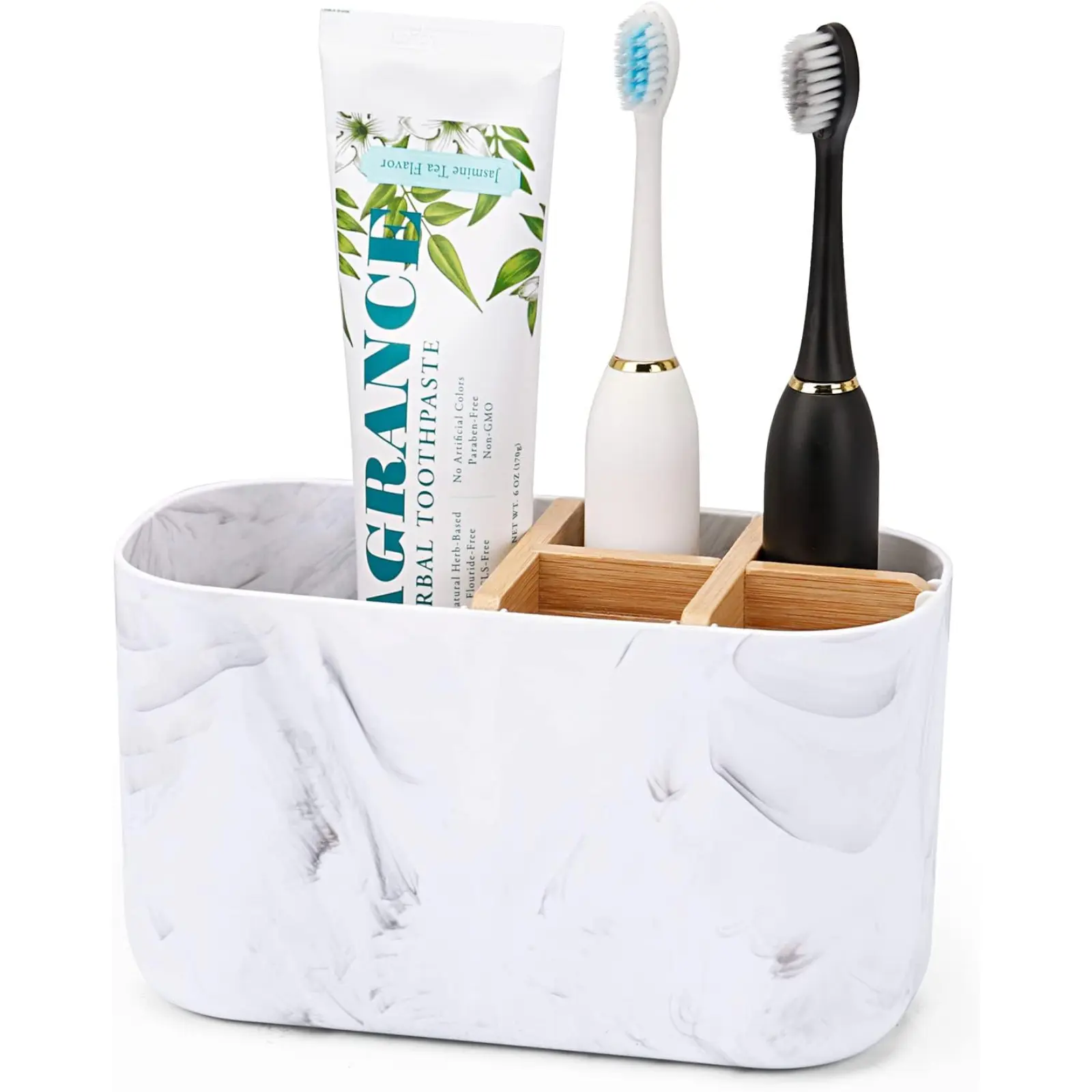 Bamboo 5-Slot Freestanding Toothbrush Holder, Modern Waterproof Bathroom Countertop Organizer for Kids’ Electric Toothbrushes, Toothpaste