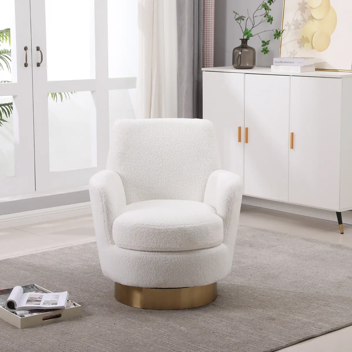 Teddy Swivel Bael Chair, Swivel Accent Chairs Armchair for Living Room, Reading Chairs for Bedroom Comfy, Round Bael Chairs with Gold Stainless Steel Base (Ivory)