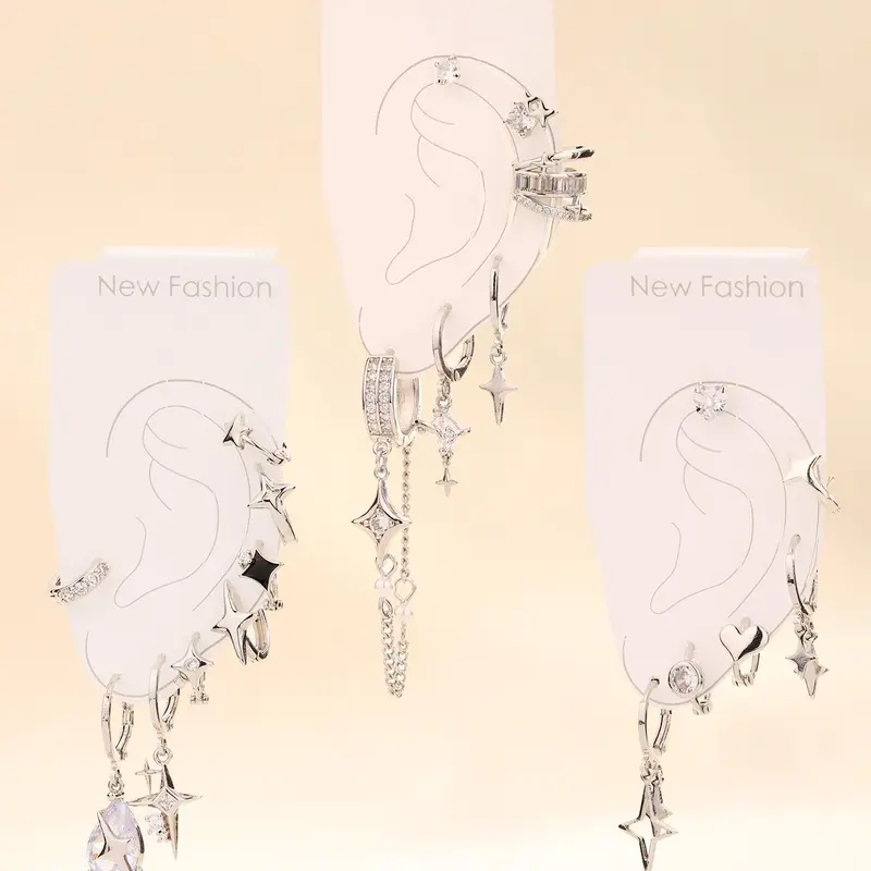 Star Design Rhinestone Decor Earrings Set, Statement Earring, Stud, Dangle, Dangling, Dangly Earrings for Women, Party Festival Earrings, Jewelry for Party, Daily Clothing Decor, All-match Jewelry for Birthday Gift, Ear Accessories