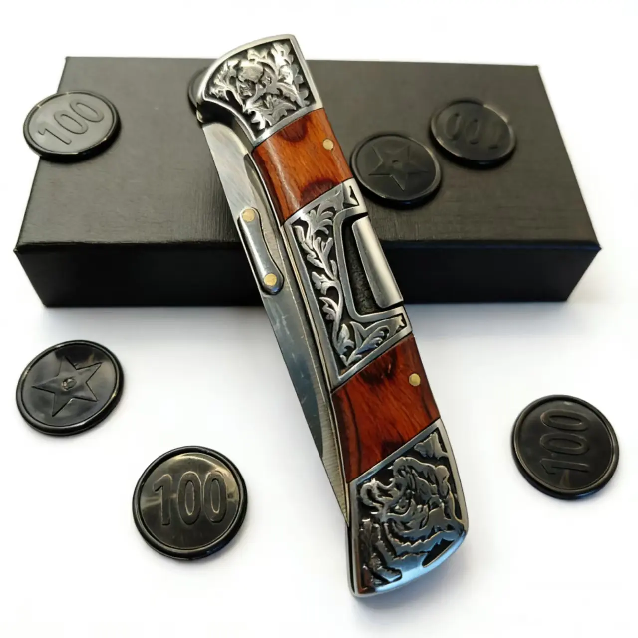 Folding Pocket Knife EDC Utility Tool - Survival Camping, Bushcraft Gear, High-Quality Stainless Steel Blade, Wood Handle with Engraved Metal Accents, Portable Durable Reliable Outdoor Tool, Survival Tools Outdoors