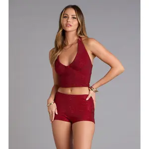 Shine Check Rhinestone Halter Crop Top