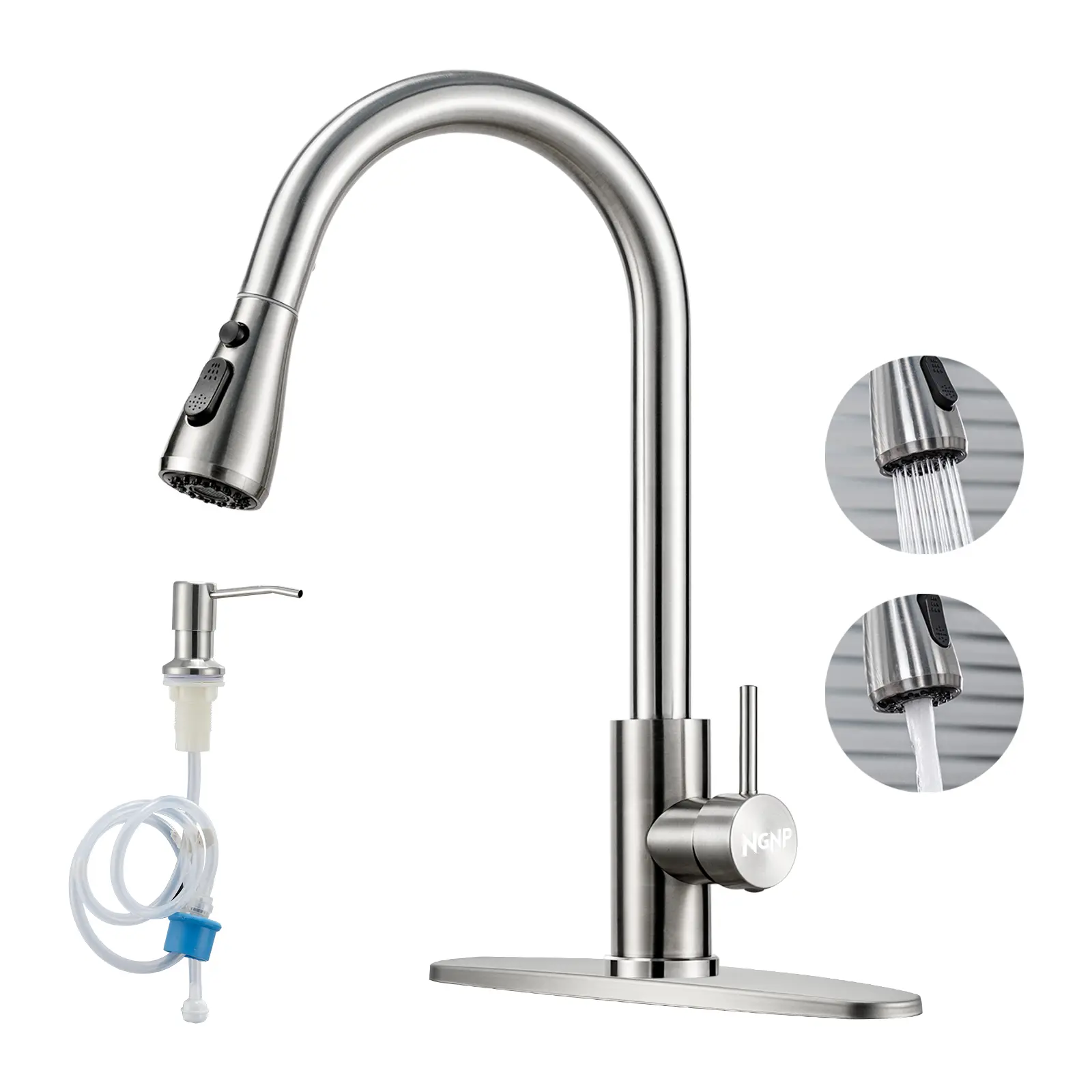 Brushed Nickel High Arc Durable Steel Pull-Out Kitchen Faucet with Soap Dispenser, 1/3 Hole Ready, Single Handle, Magnetic Suction/Gravity Ball Return, Anti-Entanglement Hose, Easy Install, Aerator Function, Faucet Extender, RV Ready for Kitchens