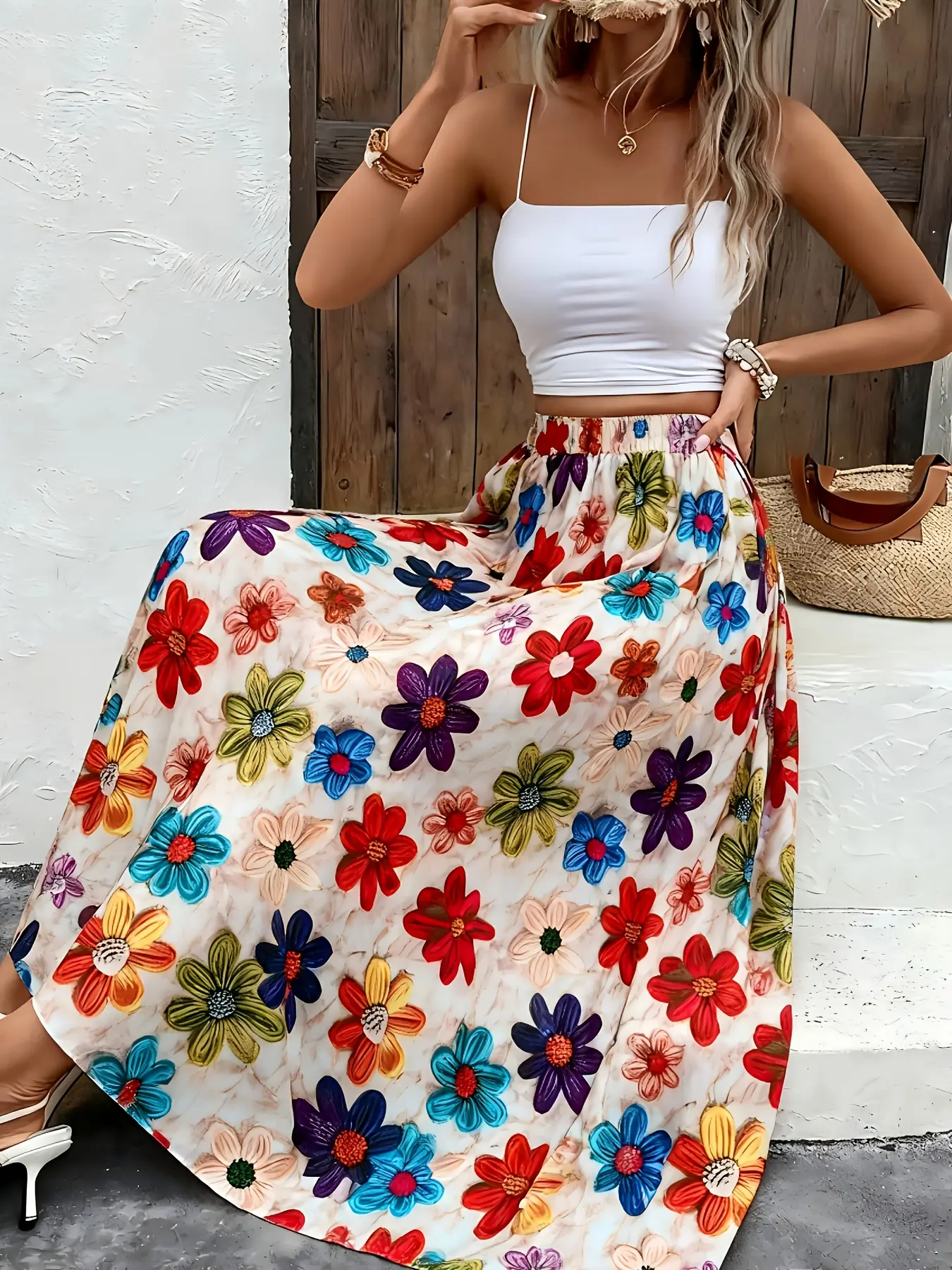 Women'S Elegant Floral Print Midi Skirt - Vibrant Multicolor Floral Pattern with Elastic Waistband, All-Season Versatile Casual to Formal Wear, Floral Printed Skirt, Seasonal Fashion, Stylish Design, Boho Hippie Skirt, Fashion Lovers