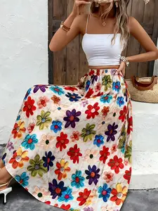 Women'S Elegant Floral Print Midi Skirt - Vibrant Multicolor Floral Pattern with Elastic Waistband, All-Season Versatile Casual to Formal Wear, Floral Print Skirt, Seasonal Fashion, Stylish Design, Boho Hippie Skirt, Fashion Lovers